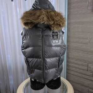 HTF Vintage VS Pink Puffer Patchwork Vest w/ Fur Trim Hoodie Travel Patches L